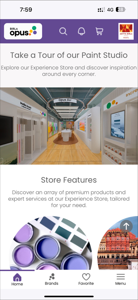 My Opus - Home screen of the My Opus paint app showing a virtual tour of the paint studio and store features.