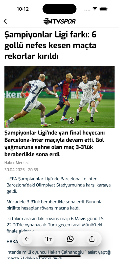 NTV Spor - Sporun Adresi - A news article on the NTV Spor app about a Champions League football match between Barcelona and Inter Milan