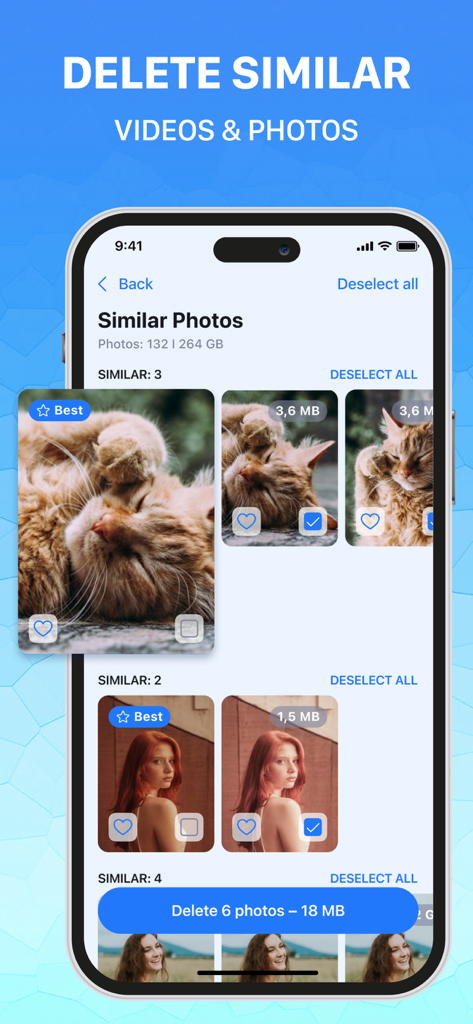 Opti Cleaner & Optimizer - iPhone screen showing the Opti Cleaner app interface for deleting similar photos to free up storage space