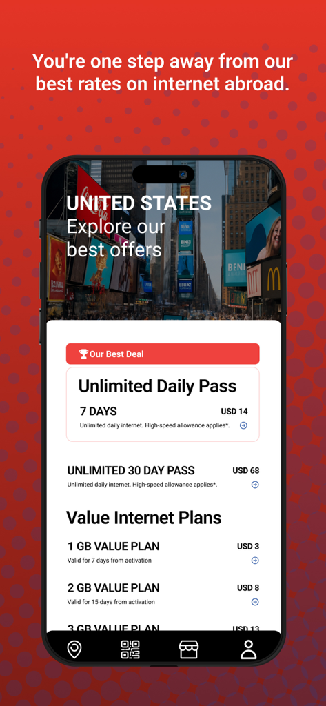 L2 Travel SIM app interface displaying prepaid eSIM data plan options for the United States.