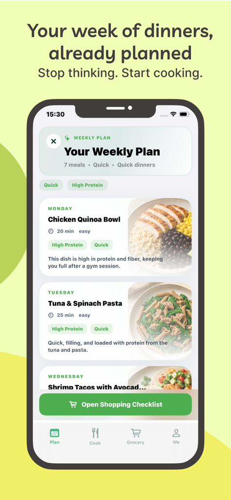 AI Meal Planner – Easy Dinner - Pantalla de la aplicación móvil que muestra un plan de comidas semanal con recetas de Bol de Quinoa con Pollo y Pasta de Espinacas con Atún.
