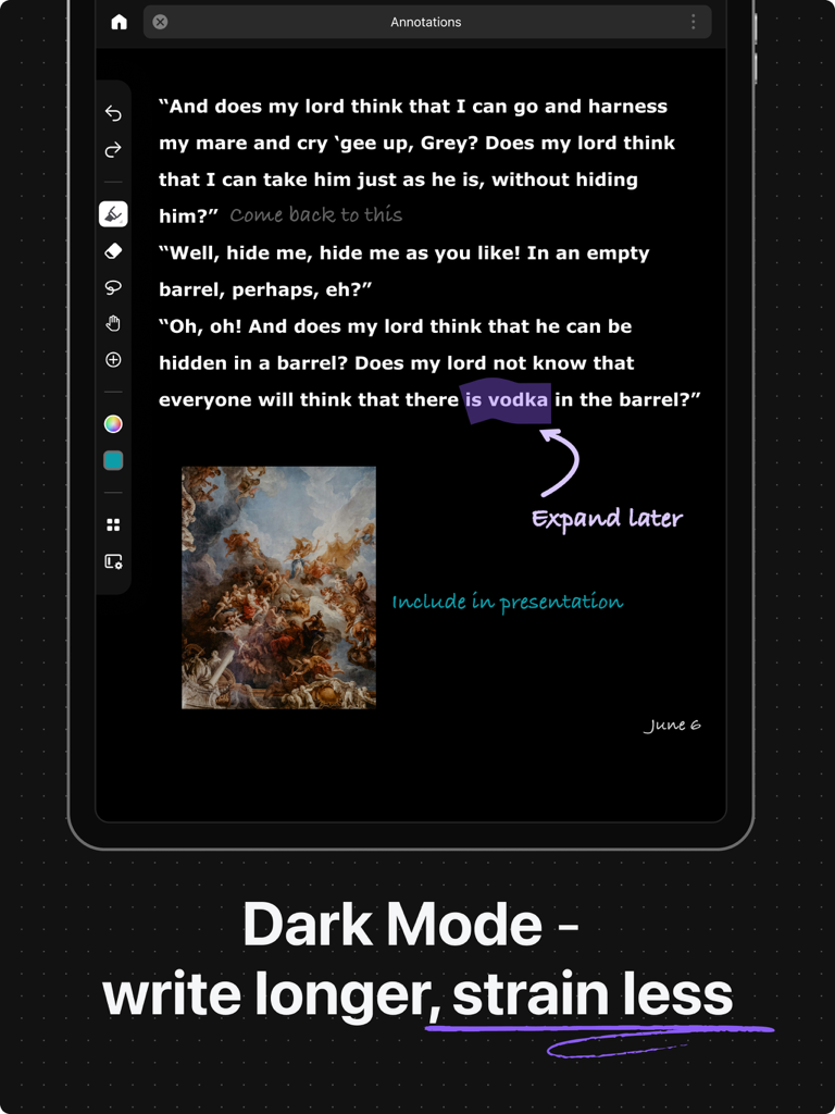 Inky Notes: Good Note taker - Una captura de pantalla de la aplicación Inky Notes en modo oscuro que muestra notas y anotaciones escritas a mano en un iPad