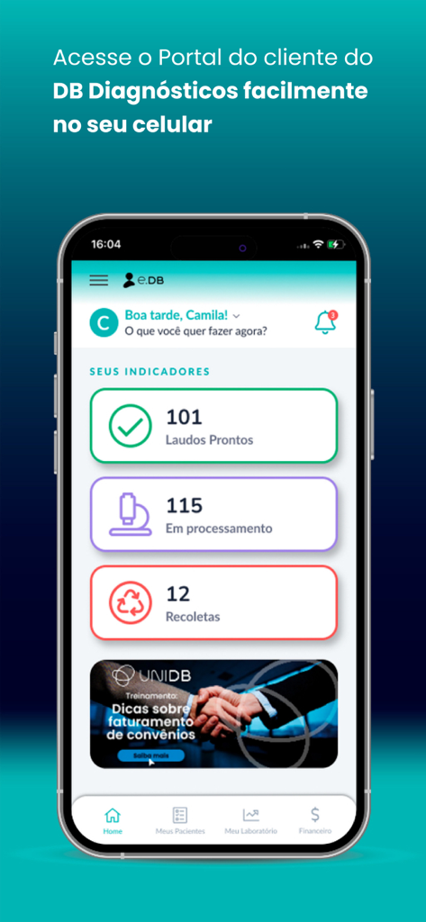 e-DB - Panel de control de la aplicación e-DB para la gestión de laboratorios médicos que muestra indicadores clave de rendimiento.