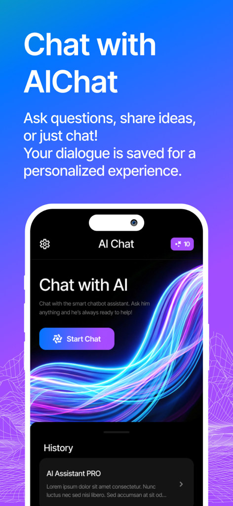 AI Chat : Virtual AI Assistant - AIチャット仮想アシスタントアプリを表示するスマートフォンの画面。スタートチャットボタンと会話履歴が表示されています。