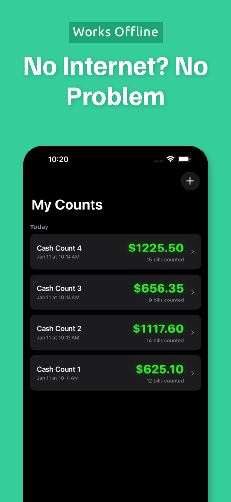 Money Counter app interface showing saved cash counting sessions with a label stating it works without internet