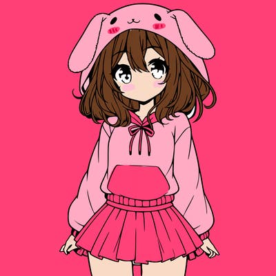pretty anime girl wearing a fluffy hoodie with bunny ears on the hood and a skirt
