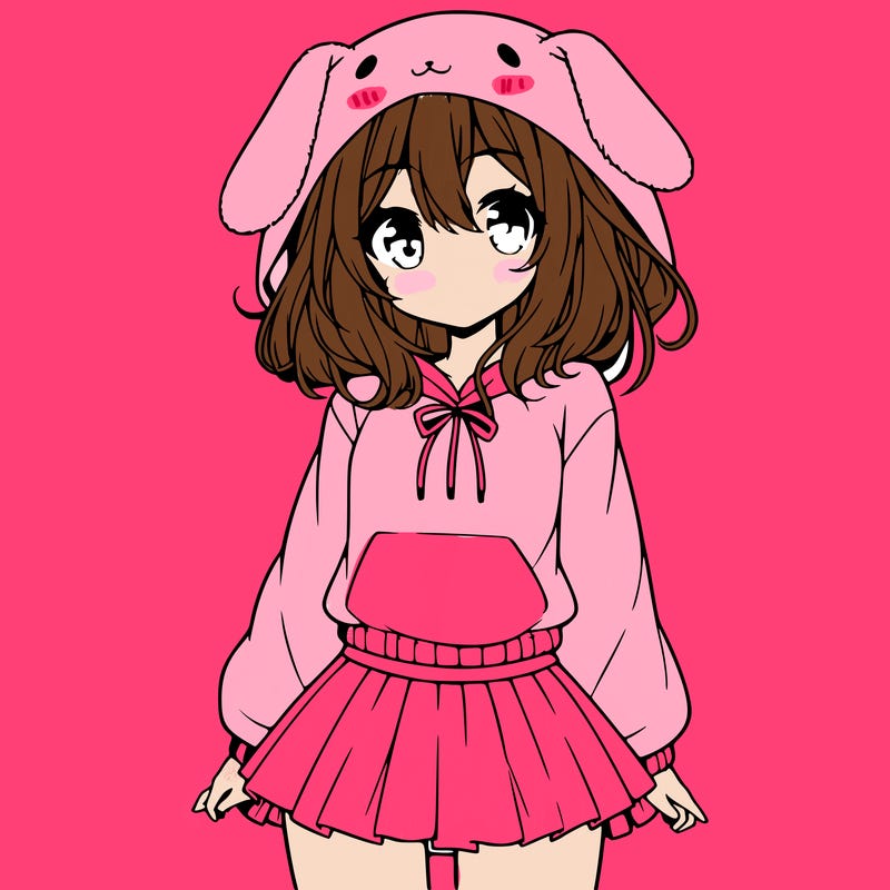 pretty anime girl wearing a fluffy hoodie with bunny ears on the hood and a skirt