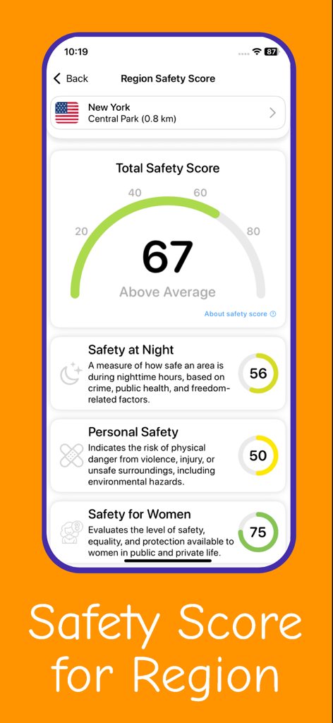 Nomad: Smart Travel Assistant - Region safety score dashboard in the Nomad app showing safety metrics for New York