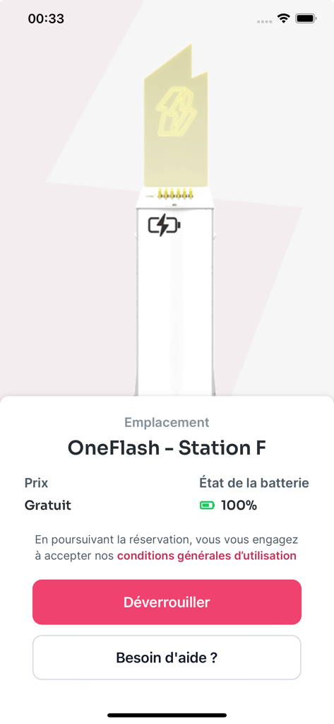 OneFlash - OneFlash app interface showing a power bank charging station at Station F with a button to unlock a free battery.