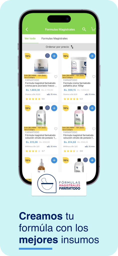 Farmatodo Venezuela - Mobile interface of Farmatodo Venezuela app showing a list of compounded pharmaceutical formulas and medications
