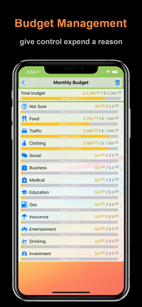 DayCost - Personal Finance - DayCost app interface for monthly budget management with categorized expense tracking and progress bars.