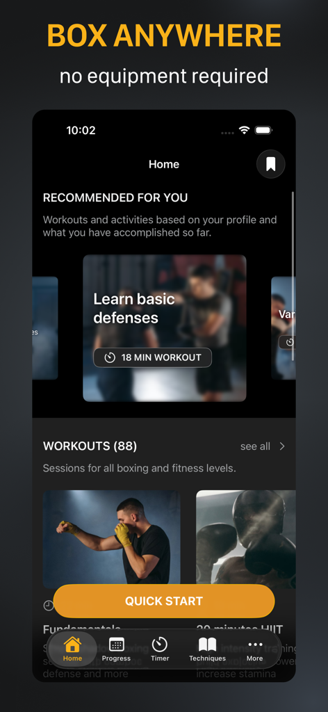 Home screen of the Shadow Boxing Workout App featuring recommended drills and a quick start button