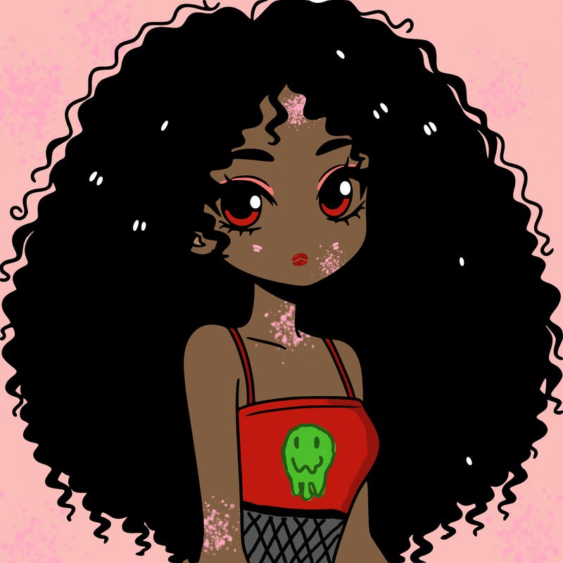 a black anime girl with long afro hair
