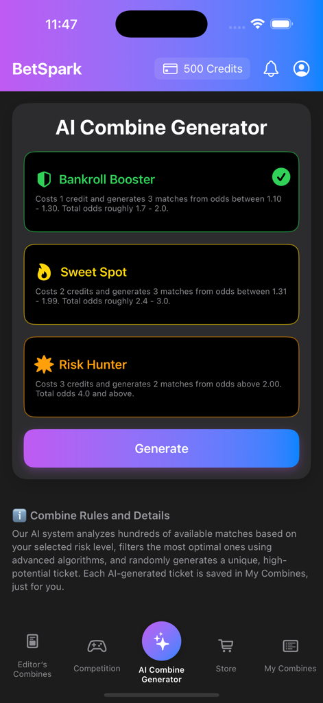 BetSpark - Betting Tips - Interfaz de la aplicación móvil BetSpark para la herramienta AI Combine Generator con varias categorías de riesgo y cuotas de apuestas