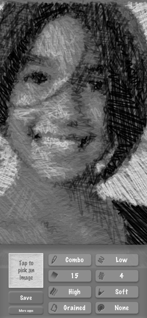 Screenshot of SketchMee app showing a portrait transformed into a pencil sketch with various texture and stroke adjustment controls.