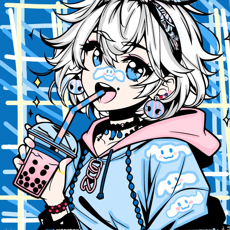 hot baddie anime girl drinking boba and biting the straw
