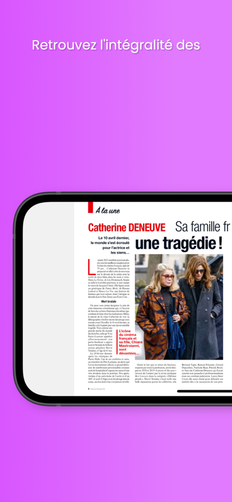France Dimanche Magazine - Digital version of France Dimanche magazine on a smartphone showing an article about Catherine Deneuve.