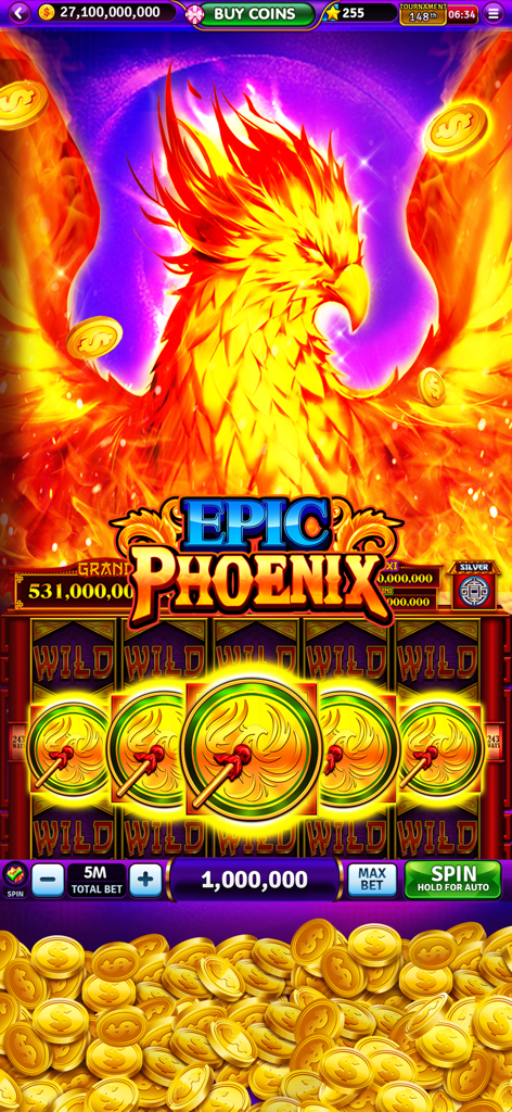 Billion Cash Slots-Casino Game - Máquina tragamonedas Epic Phoenix con un pájaro en llamas y monedas doradas