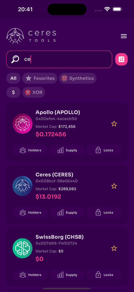 Ceres Tools - Tela do aplicativo Ceres Tools mostrando uma lista de tokens de criptomoeda com preços de mercado e capitalização de mercado