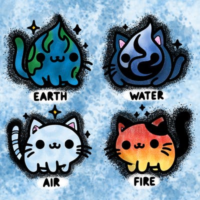4 cats that represent the different elements, earth, water, air, and fire