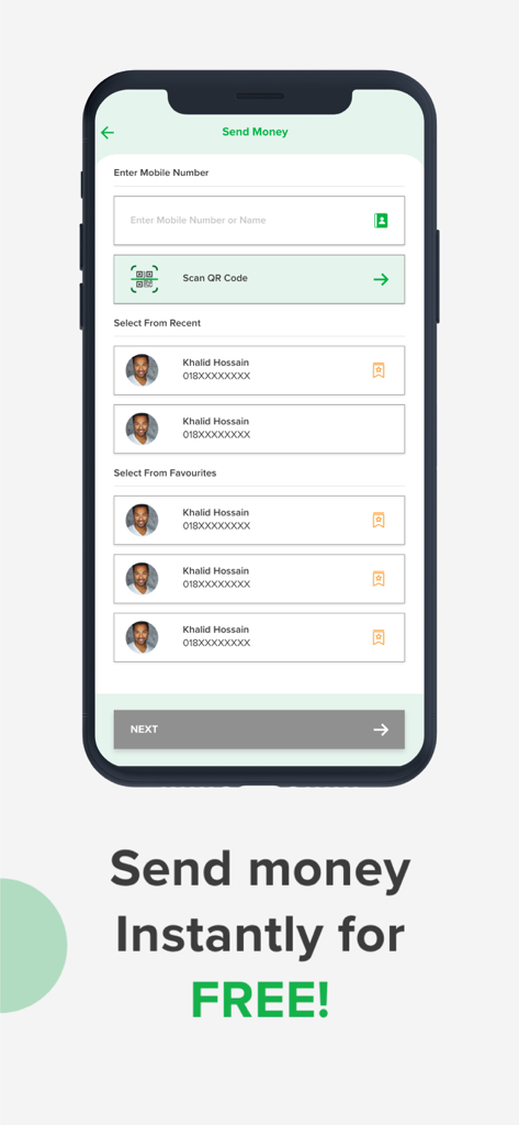 tap: Trust And Pay - A mobile phone screen showing the Send Money feature of the tap app with options for QR code scanning and contact lists