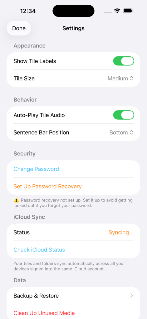 My Voice AAC - Settings screen of the My Voice AAC app showing customization and security options.
