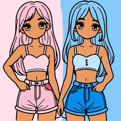 two sisters with crop tops and jean shorts and straight hair