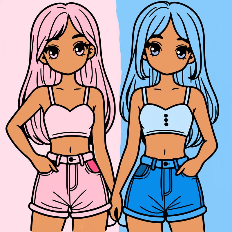 two sisters with crop tops and jean shorts and straight hair