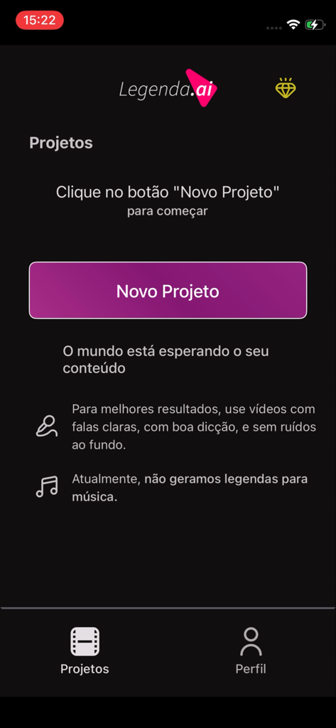 Legenda.ai - Startbildschirm der Legenda.ai-App mit einer lila Schaltfläche zum Starten eines neuen Videountertitelprojekts