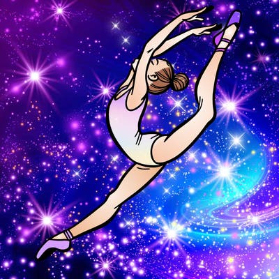 gymnast doing a leap in a leotard with a bent back leg