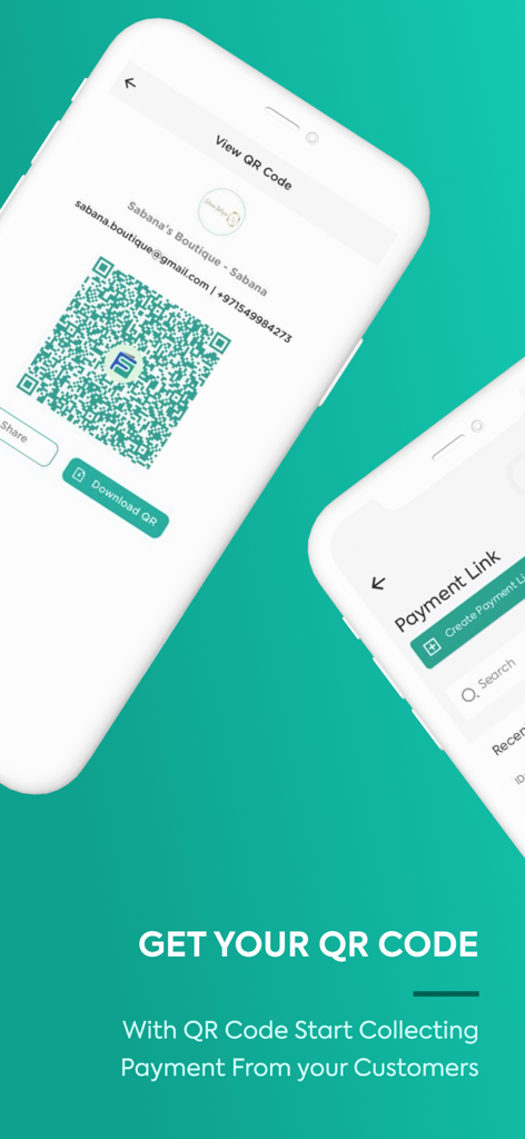 Bildschirm der mobilen App mit einem Business-QR-Code für Händlerzahlungen und Funktionen für Zahlungslinks