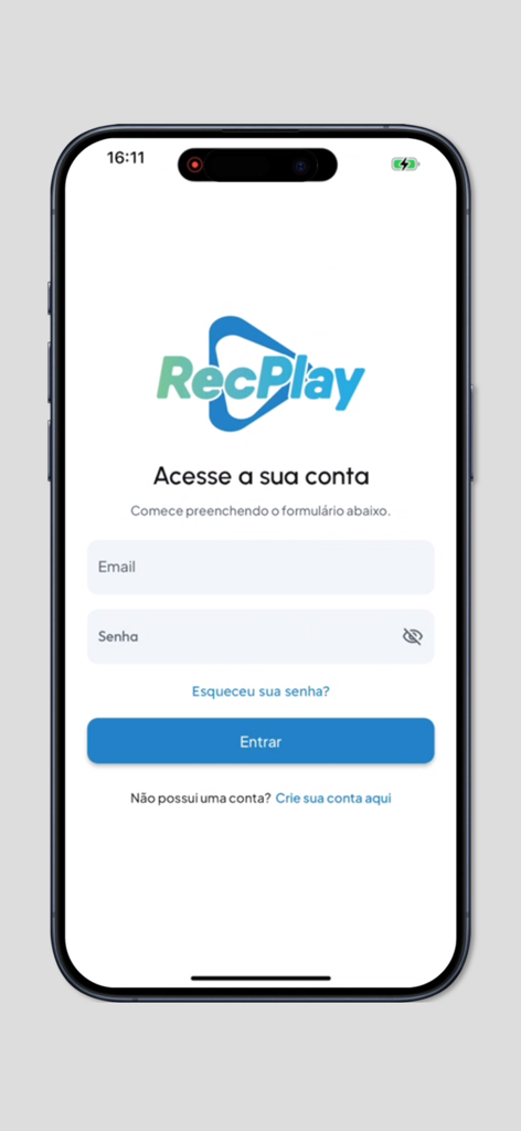 Recplay - Login screen of the Recplay sports app on an iPhone showing email and password fields