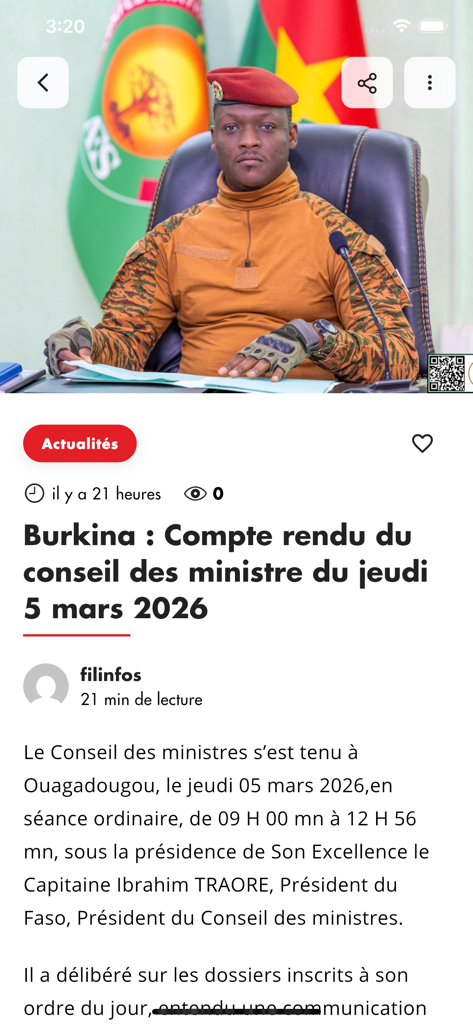 FILINFO TV - News article about Burkina Faso on the FILINFO TV mobile app
