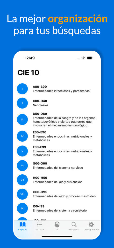 CIE 10 y 11 (Español) - Lista de capítulos médicos e códigos de diagnóstico CID-10 na interface do aplicativo CID 10 em português.