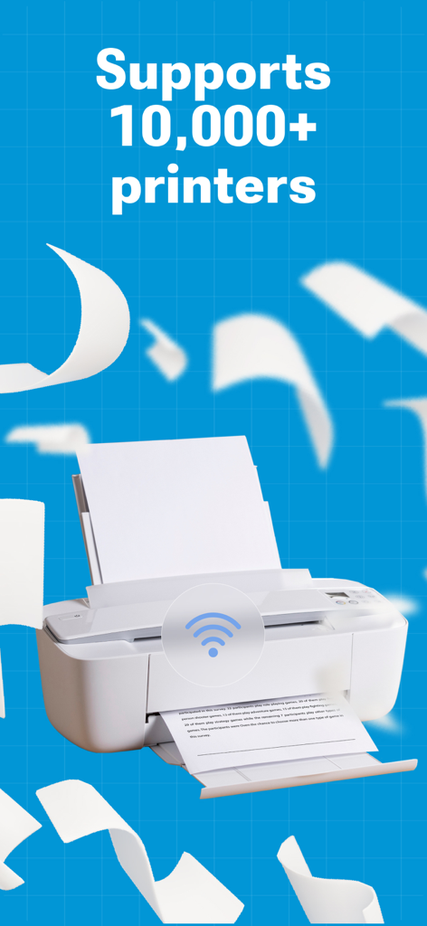 A white home printer on a blue grid background with floating sheets of paper and text stating it supports over ten thousand printers.