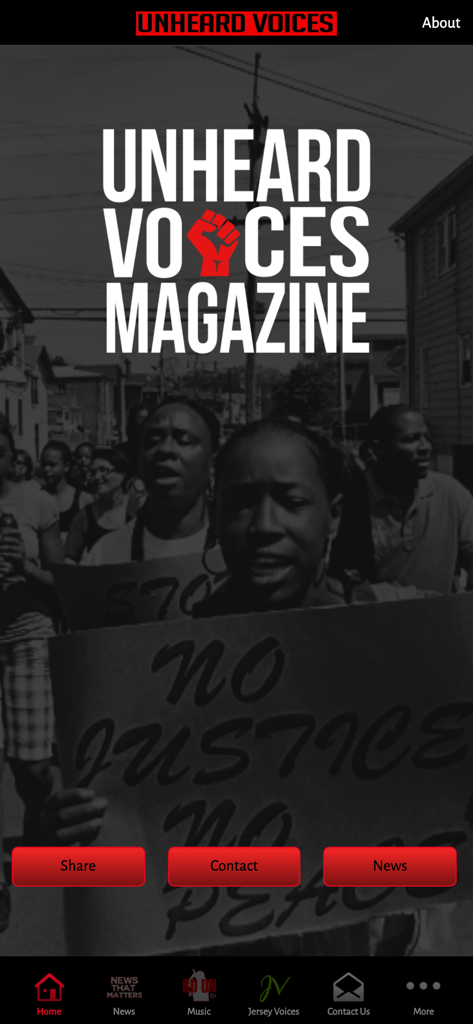 Unheard Voices Magazine app home screen featuring a social justice protest background and navigation buttons for news and music.