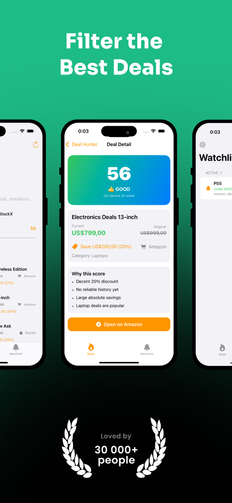 Deal Hunter: AI Shopping Deals - Deal Hunter app screenshot showing AI powered deal scoring and price comparison for electronics.