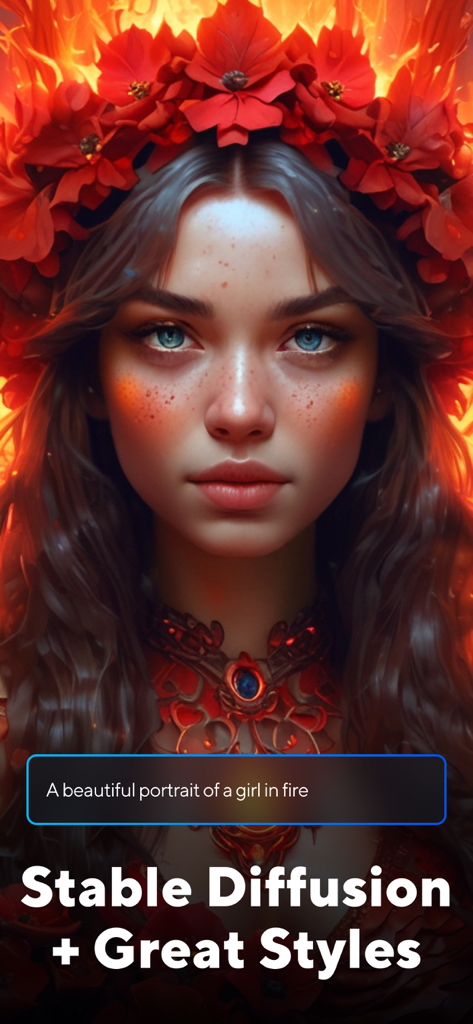 AI生成の女性ポートレート、赤い花の冠と炎のような背景
