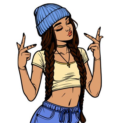 realistic teenage girl with braids and a beanie and crop top doing 🫶🏼
