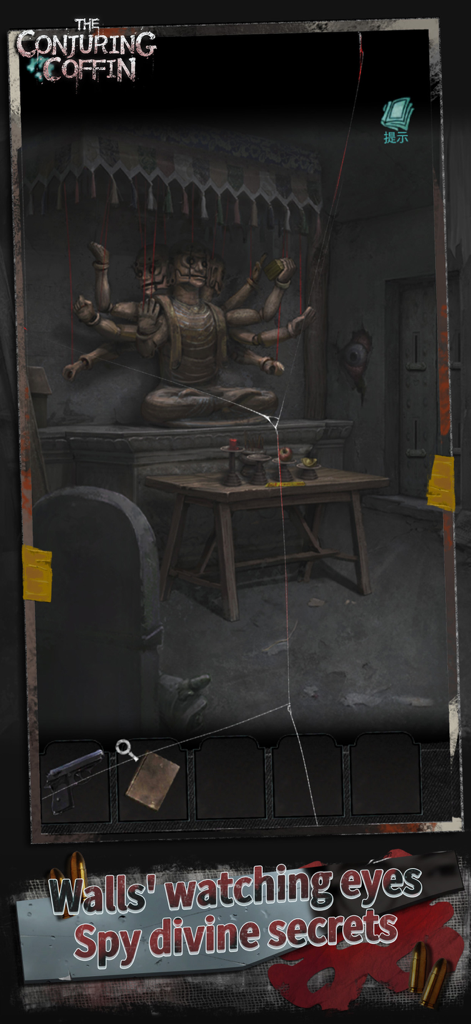 An atmospheric room with a multi armed deity statue and an eye watching through the wall in The Conjuring Coffin
