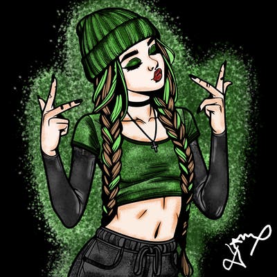 realistic teenage girl with braids and a beanie and crop top doing 🫶🏼