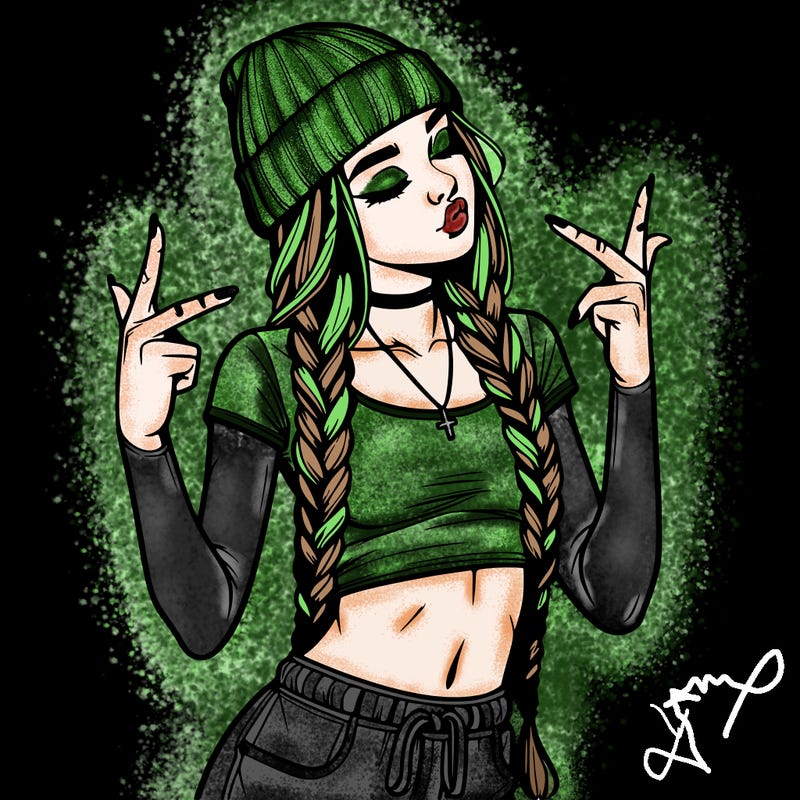realistic teenage girl with braids and a beanie and crop top doing 🫶🏼