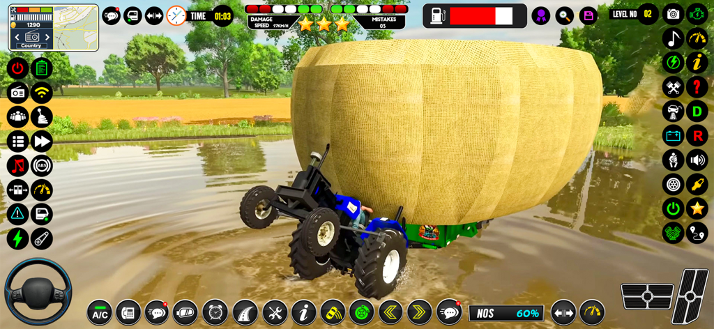 Tochan Tractors & Fields care - A blue tractor pulling a massive yellow bale through water in a 3D farming simulation game.