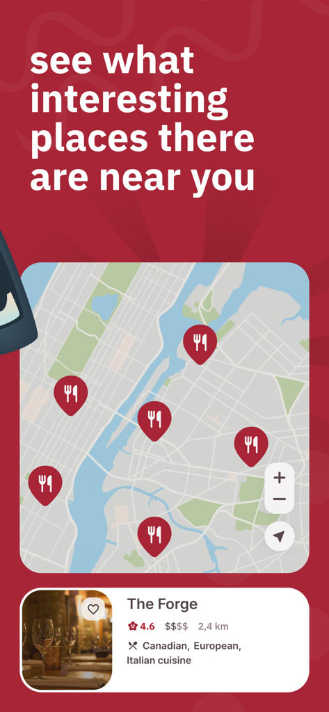 Vista de mapa no aplicativo Restaurant Advisor mostrando vários locais de restaurantes próximos e um cartão de visualização detalhado para um restaurante bem avaliado