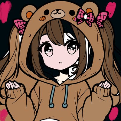 cute anime girl with ponytails and a cute bear hoodie