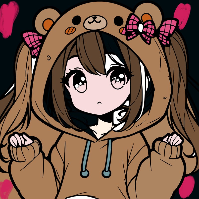 cute anime girl with ponytails and a cute bear hoodie