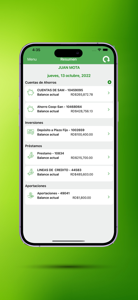 Mamoncito Personal - Pantalla de resumen de cuenta de la aplicación móvil Mamoncito Personal mostrando inversiones de ahorro y préstamos en pesos dominicanos
