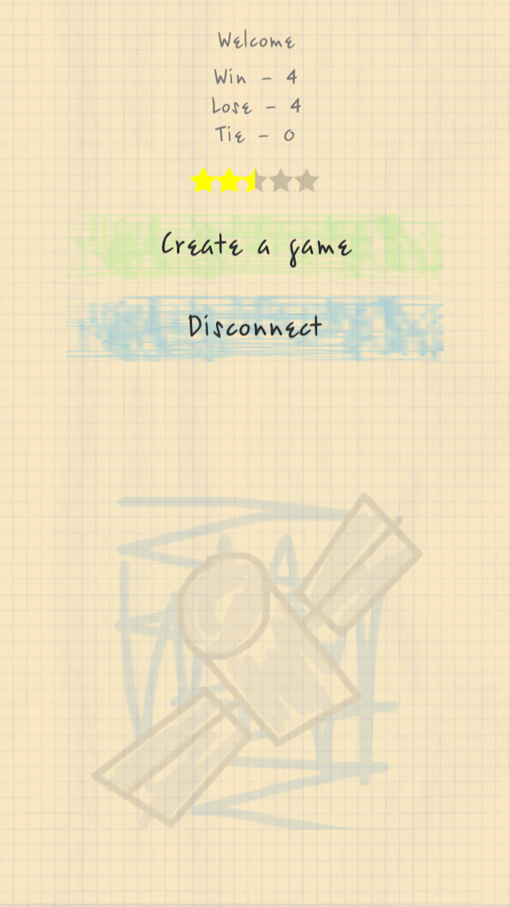 Main menu of the Tic Tac Toe Online Live app showing player wins and losses on a graph paper background.