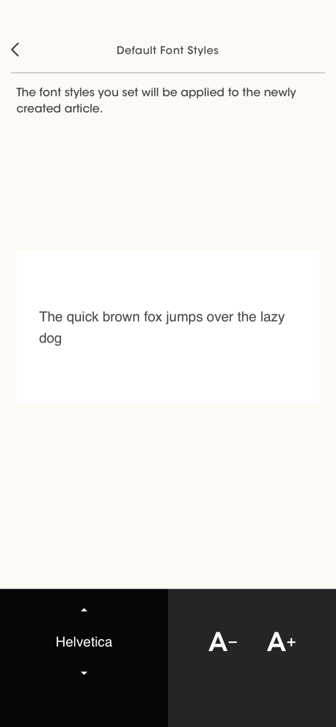 Simplife - Simplife app settings screen for customizing default font type and text size for notes