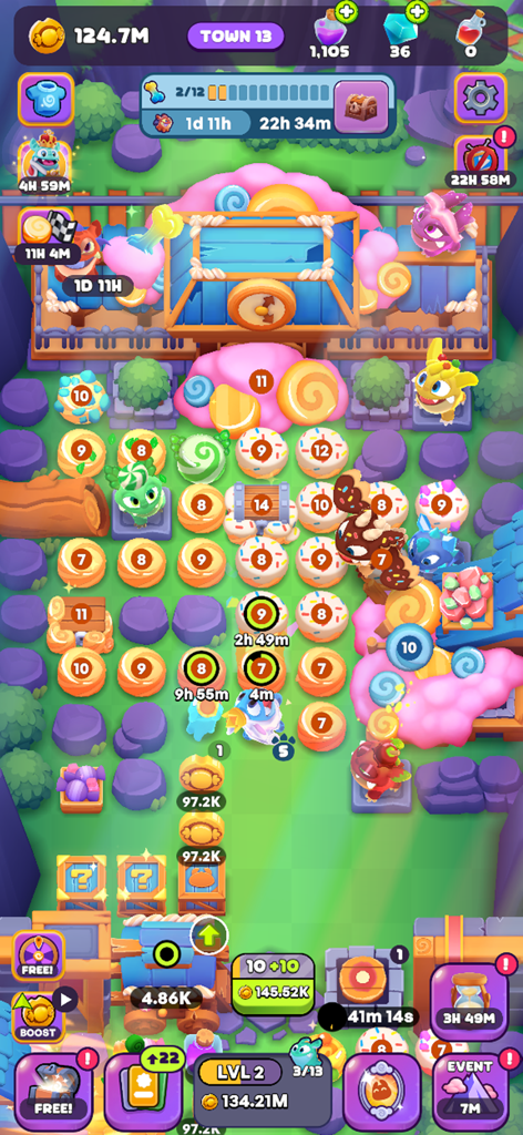Candy Critters: Idle Merge - Gameplay screen of Candy Critters Idle Merge showing cute Chomplets clearing candy debris in the world of Sweetopia.